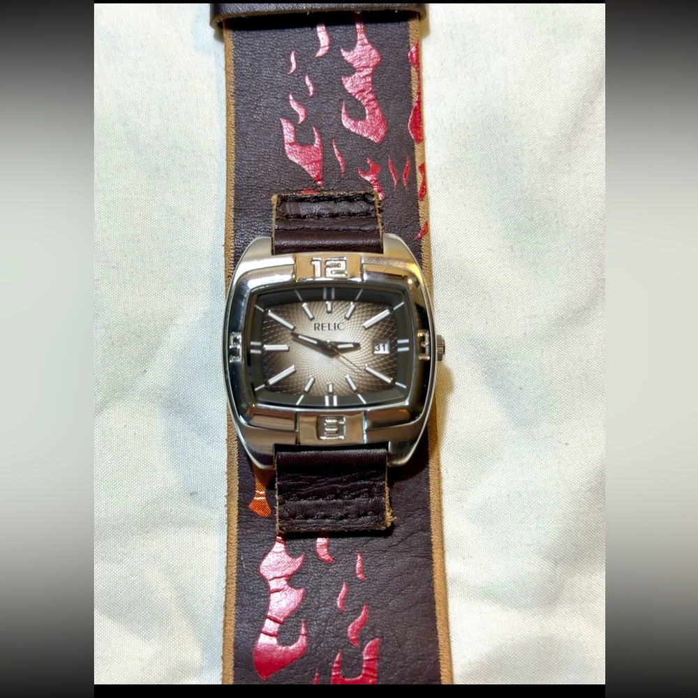 Relic Y2K Flame Cuff Watch ZR74021 | Punk Grunge Wide Leather Band | Quartz